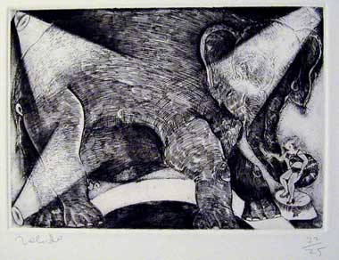 Francisco Toledo. Función de circo. Grabado al aguafuerte ed /25. 12.5 x 17.5 cm. 1977