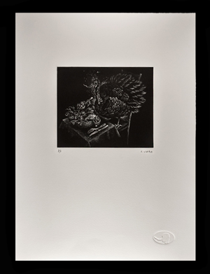 Remedios Varo. Guajolote navideño. Grabado al aguafuerte. Imagen 15 x 18 cm, papel 46 x 34cm. 1959. Primera impresión 2010.  